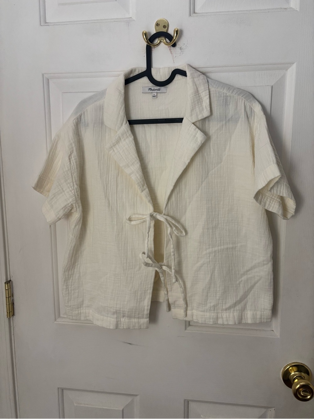 Madewell Cream Short Sleeve Tie-Front Button Down Shirt